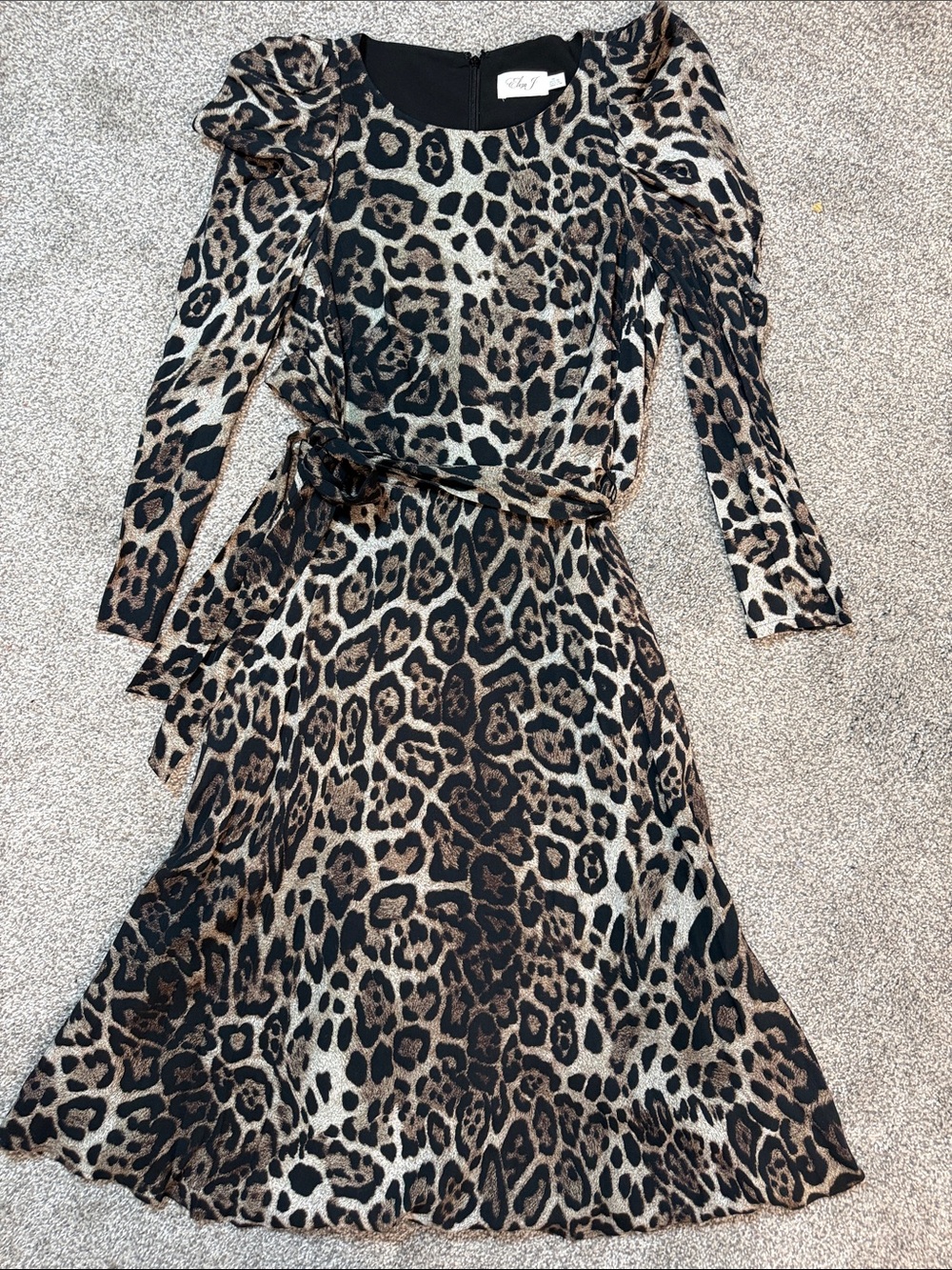 Eliza J Leopard Print Long Sleeve Midi Dress in Brown and Black